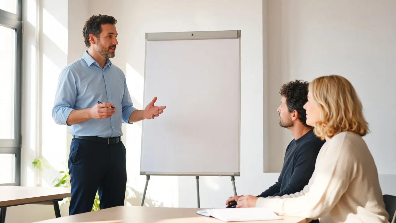 A trainer stands beside a blank flip chart with two colleagues in sunlight.