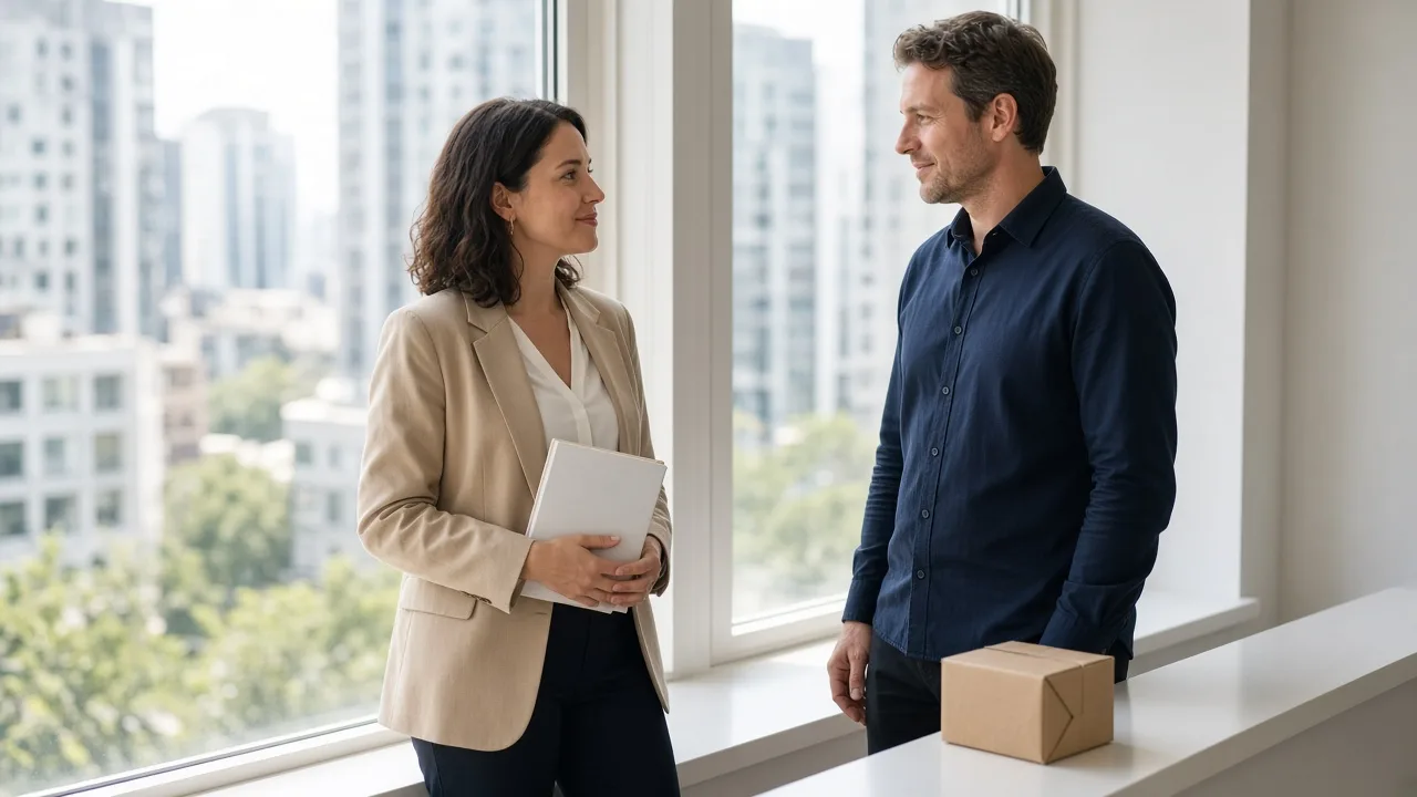 Two colleagues stand by a bright window with a closed notebook and a small parcel.