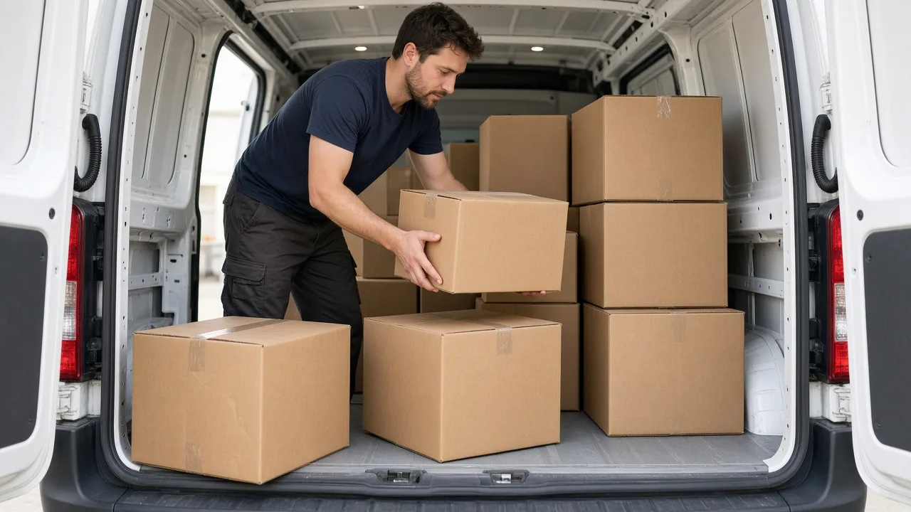 A courier organizes plain boxes inside the cargo area of a white van.