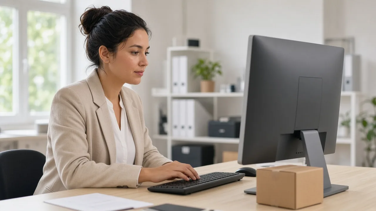 An operations coordinator sits at a light desk with a monitor facing away and a small parcel nearby.