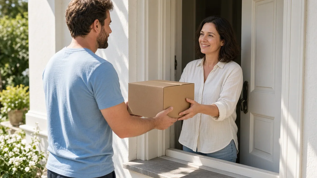 A customer at a sunny front door hands a plain box to a courier.
