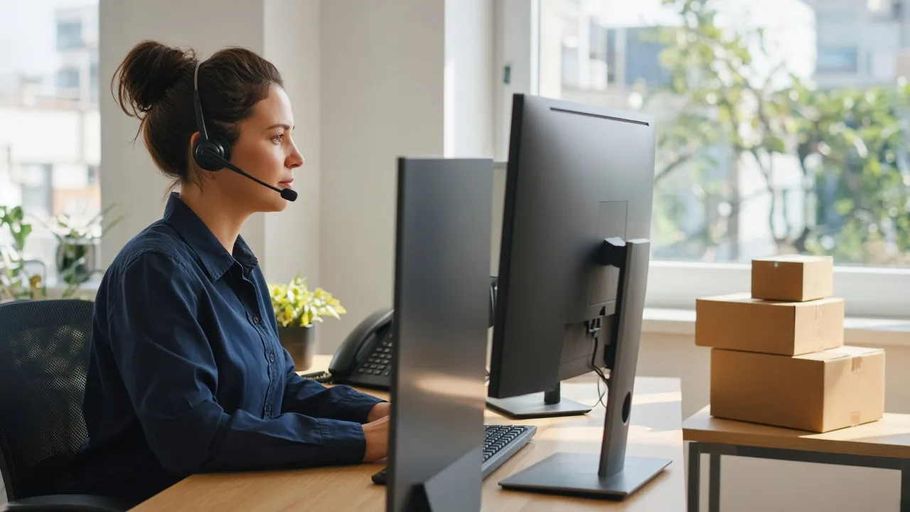 A dispatcher with a headset sits at a sunny desk beside a few plain parcels.