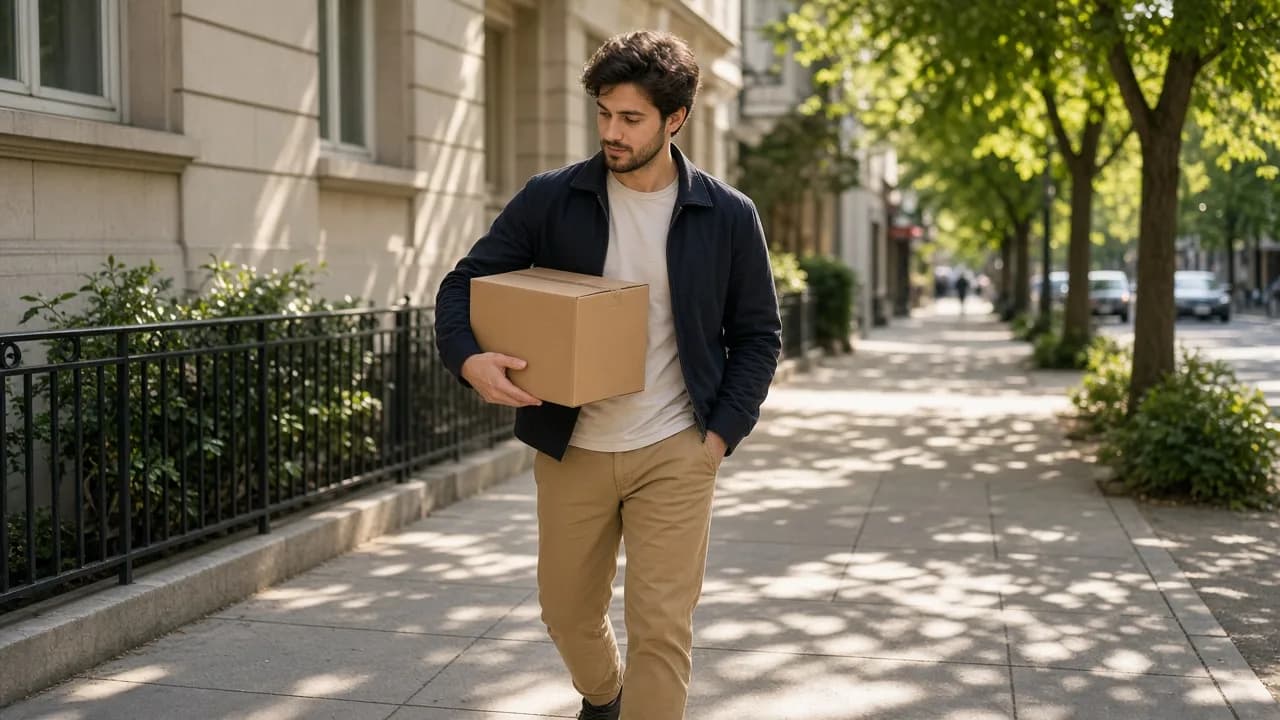 A courier walks a sunny sidewalk carrying a plain parcel.