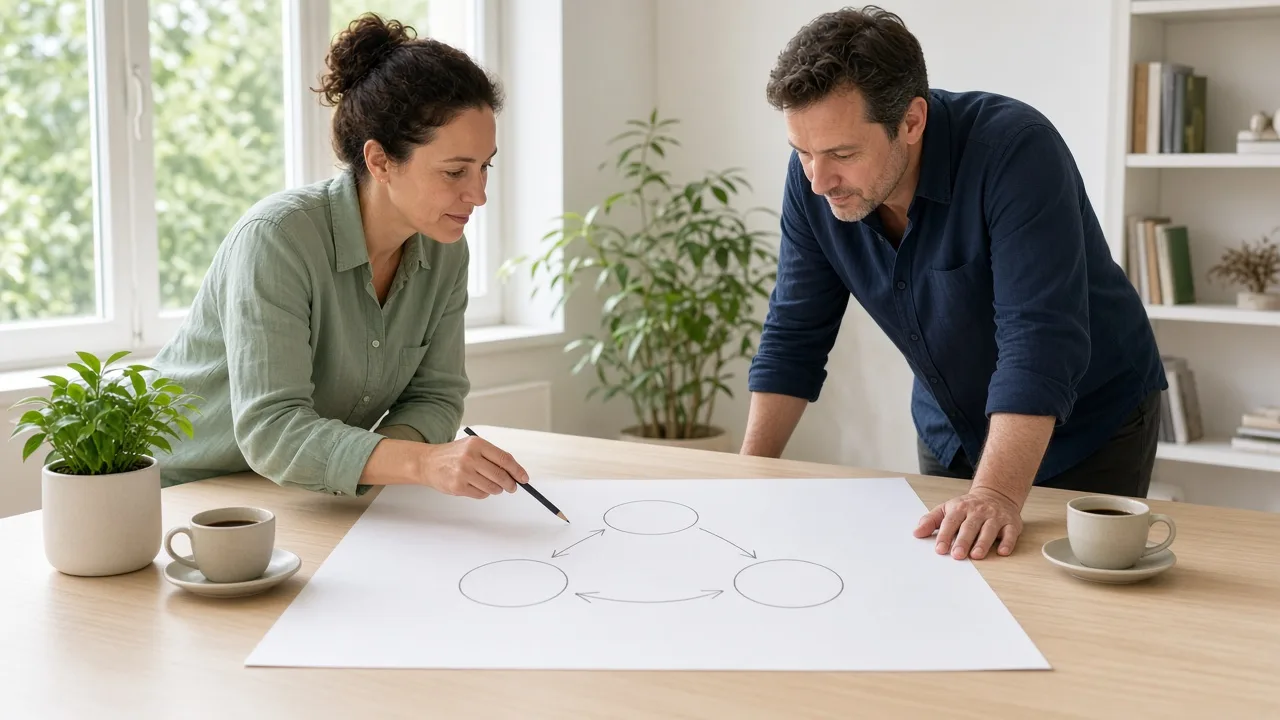Two colleagues sketching a simple unlabeled flow on a large sheet in a bright office.