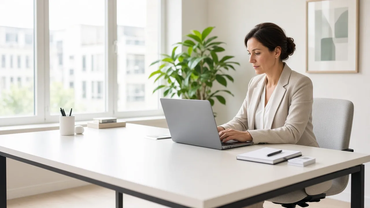 A woman working at a laptop in a bright office, with the screen turned away.