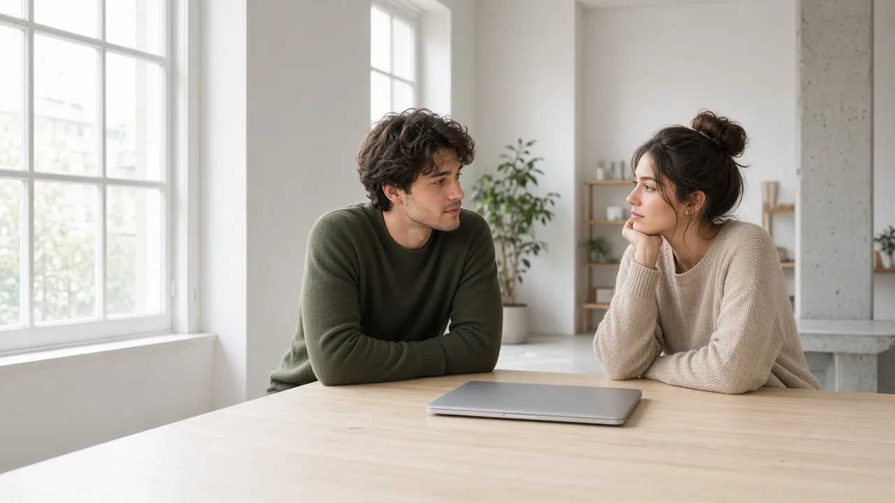Two people talking across a bright table with a closed laptop between them.