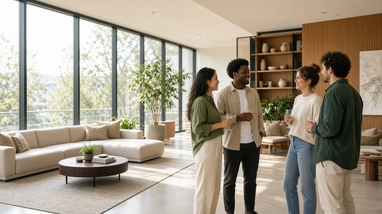 Four adults talking with drinks in a bright modern lounge.