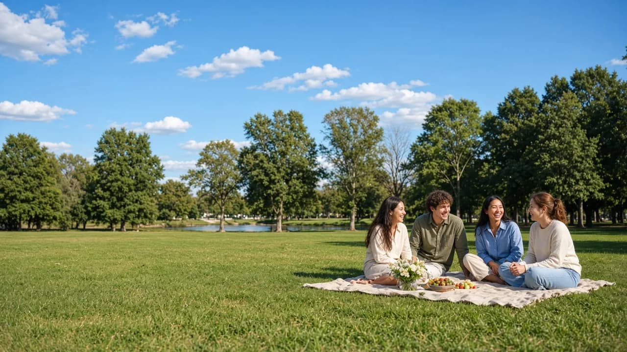 Four friends laughing together on a picnic blanket in a sunny park.