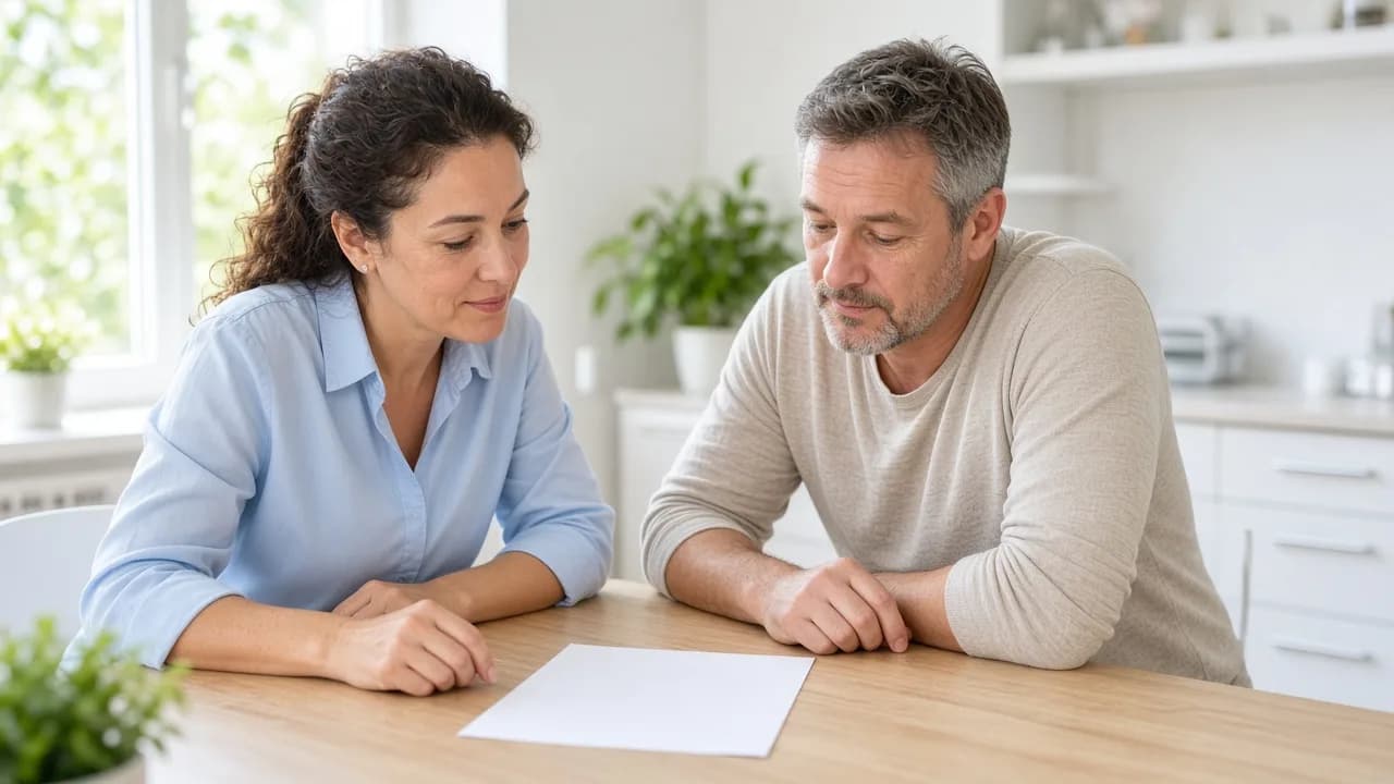 Two adults plan over a blank sheet at a sunny clinic table.