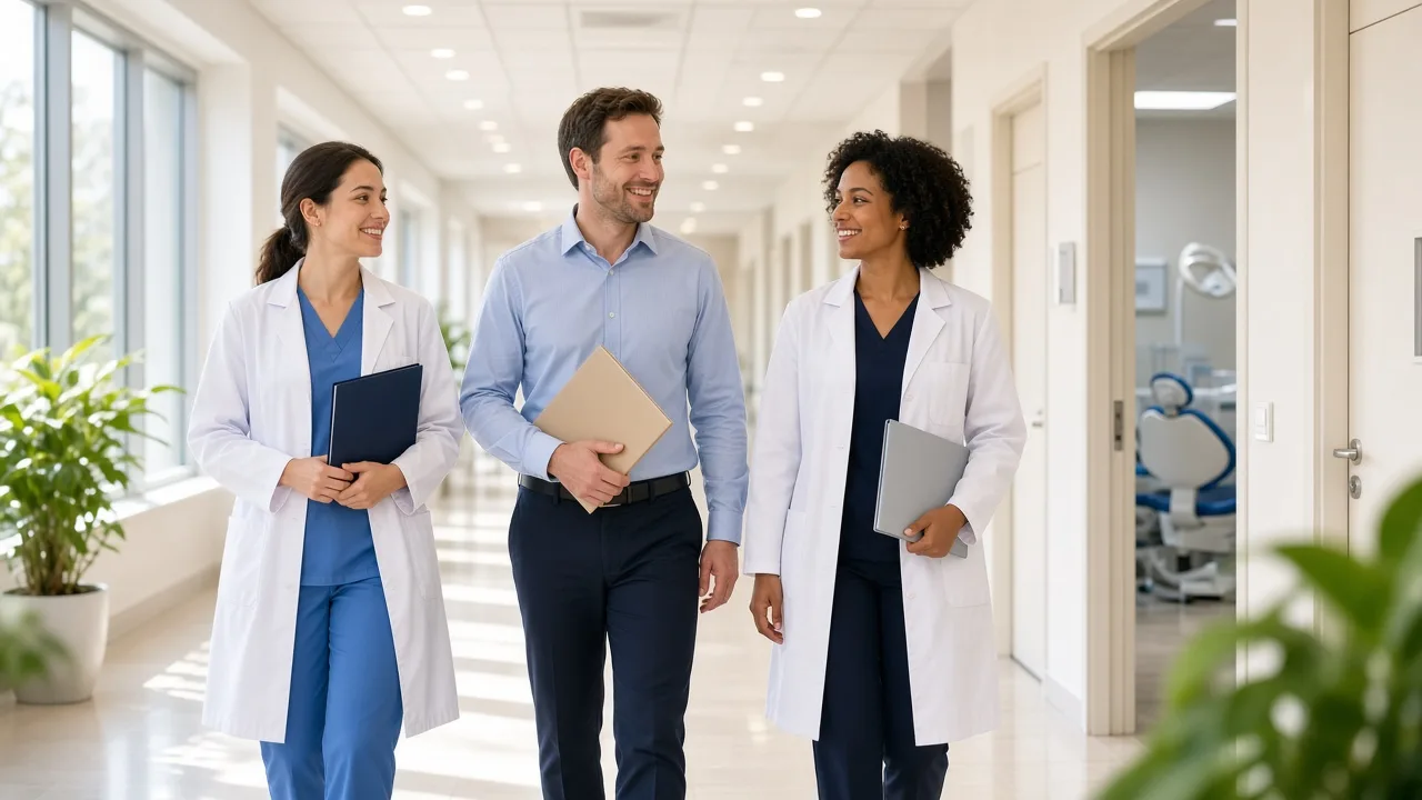 Three colleagues walk a sunny dental clinic corridor with blank folders.
