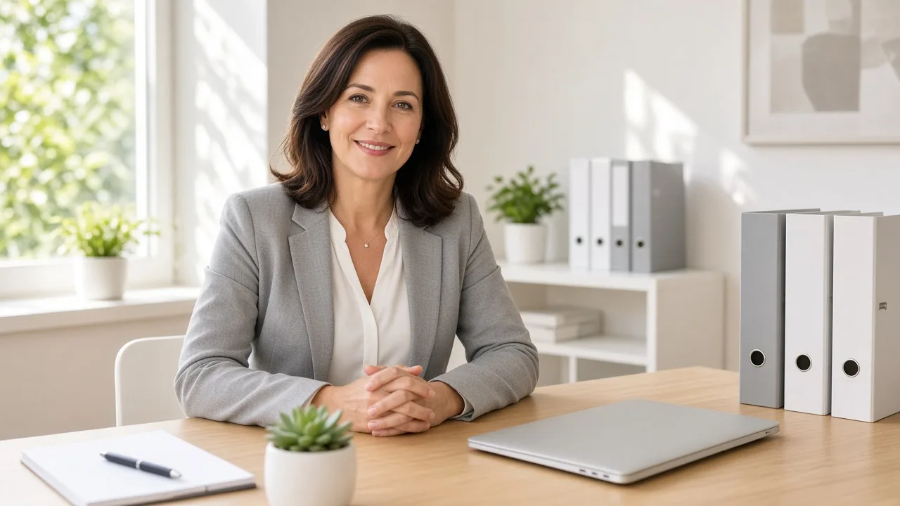 A clinic administrator sits at a sunny desk with a closed laptop and unlabeled binders.
