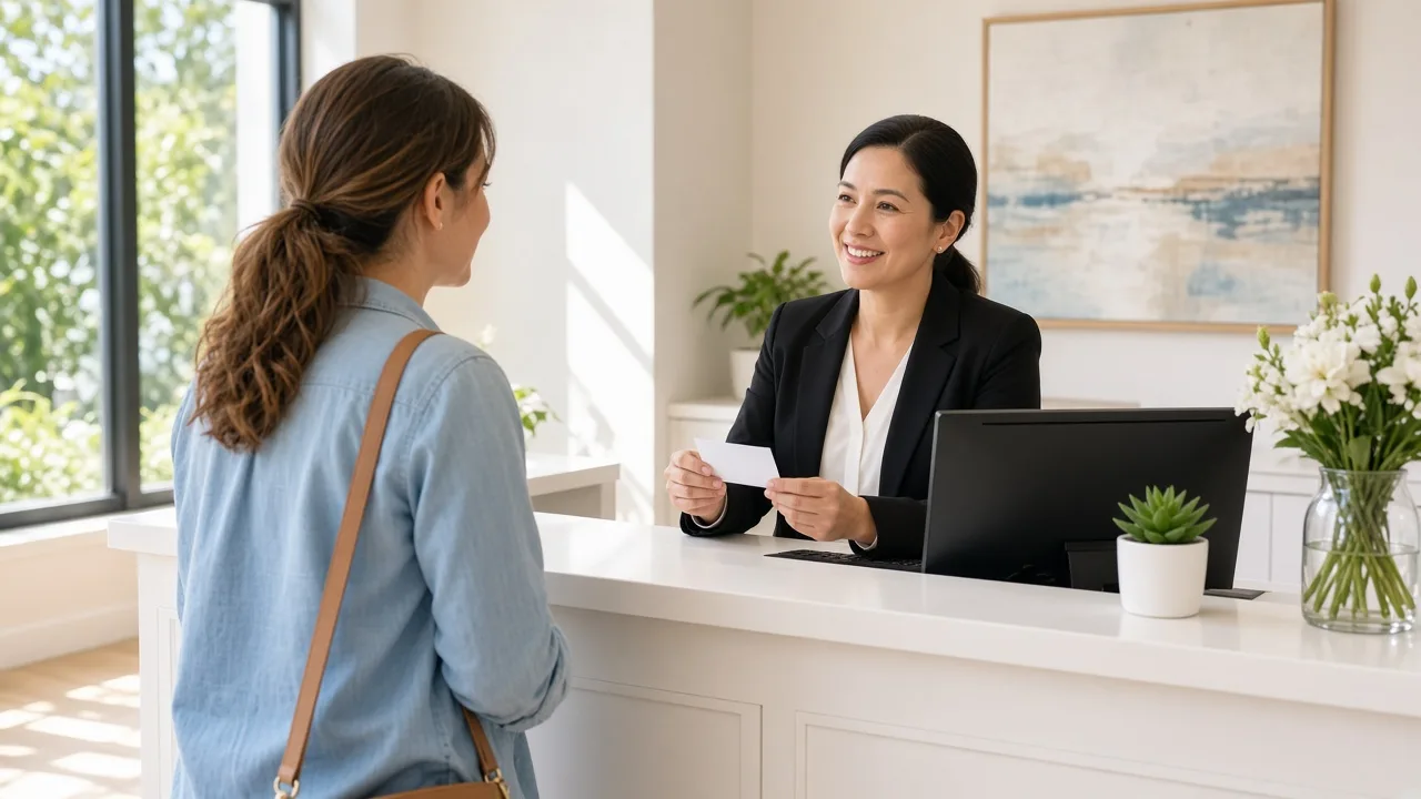 A patient reviews a blank appointment card at a sunny dental reception desk.