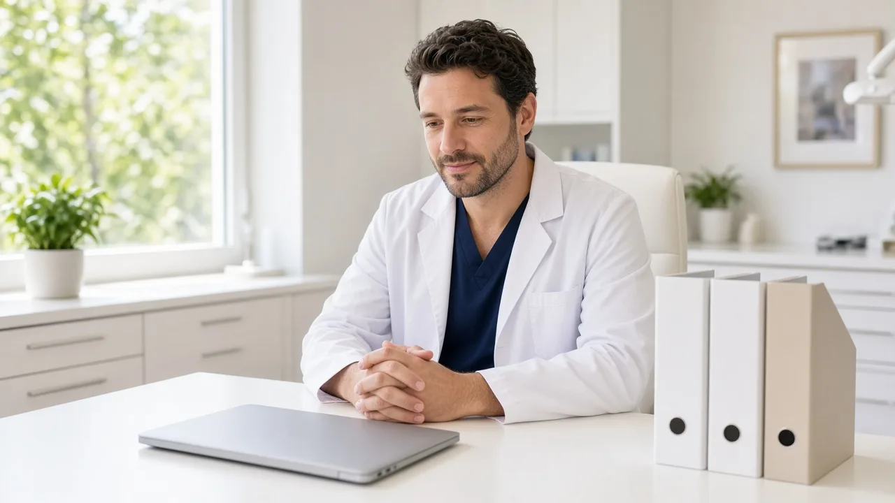 A dentist sits at a sunlit clinic desk with a closed laptop and plain binders.