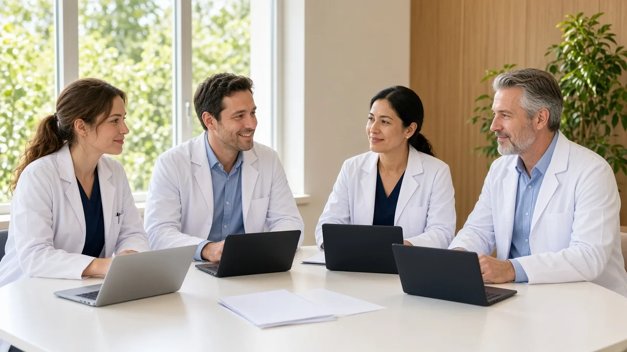 Four dental professionals meet in a sunny room with blank folders and closed laptops.