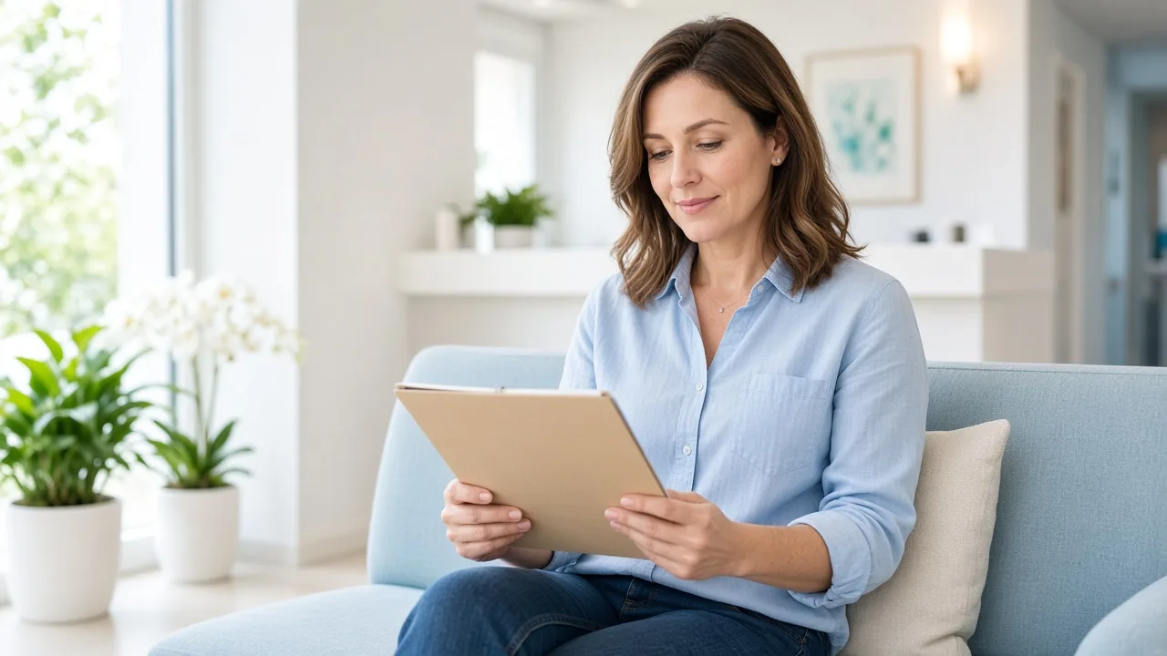 A patient reviews a blank folder in a bright dental waiting area.