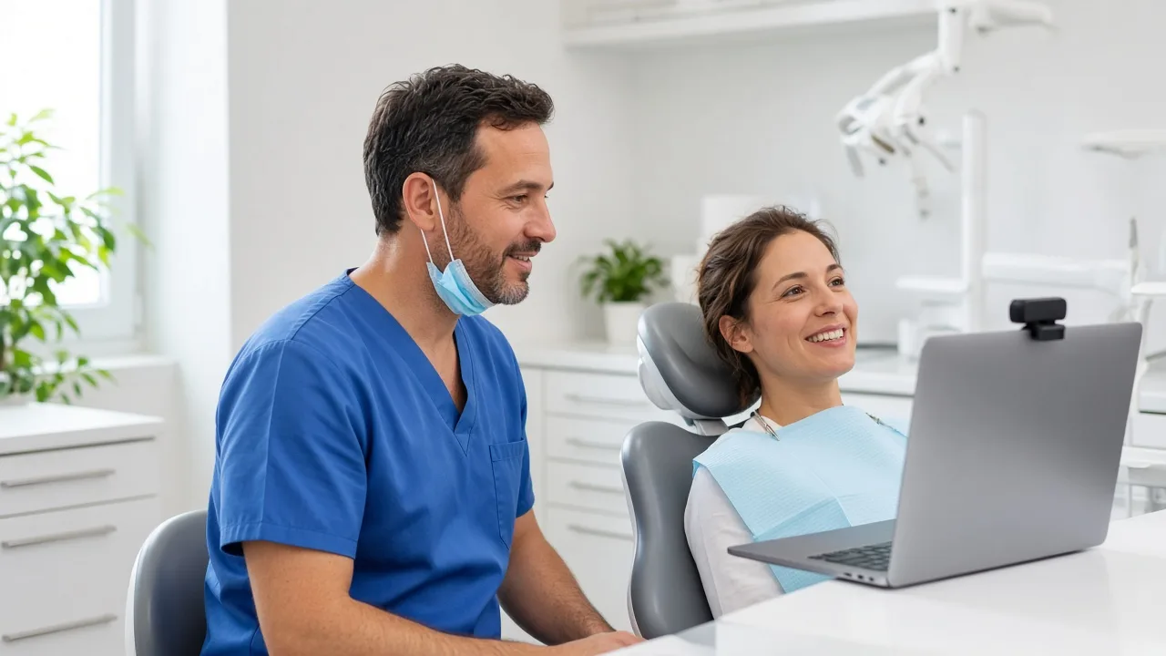 A dentist and a patient sit beside a laptop with the screen turned away.