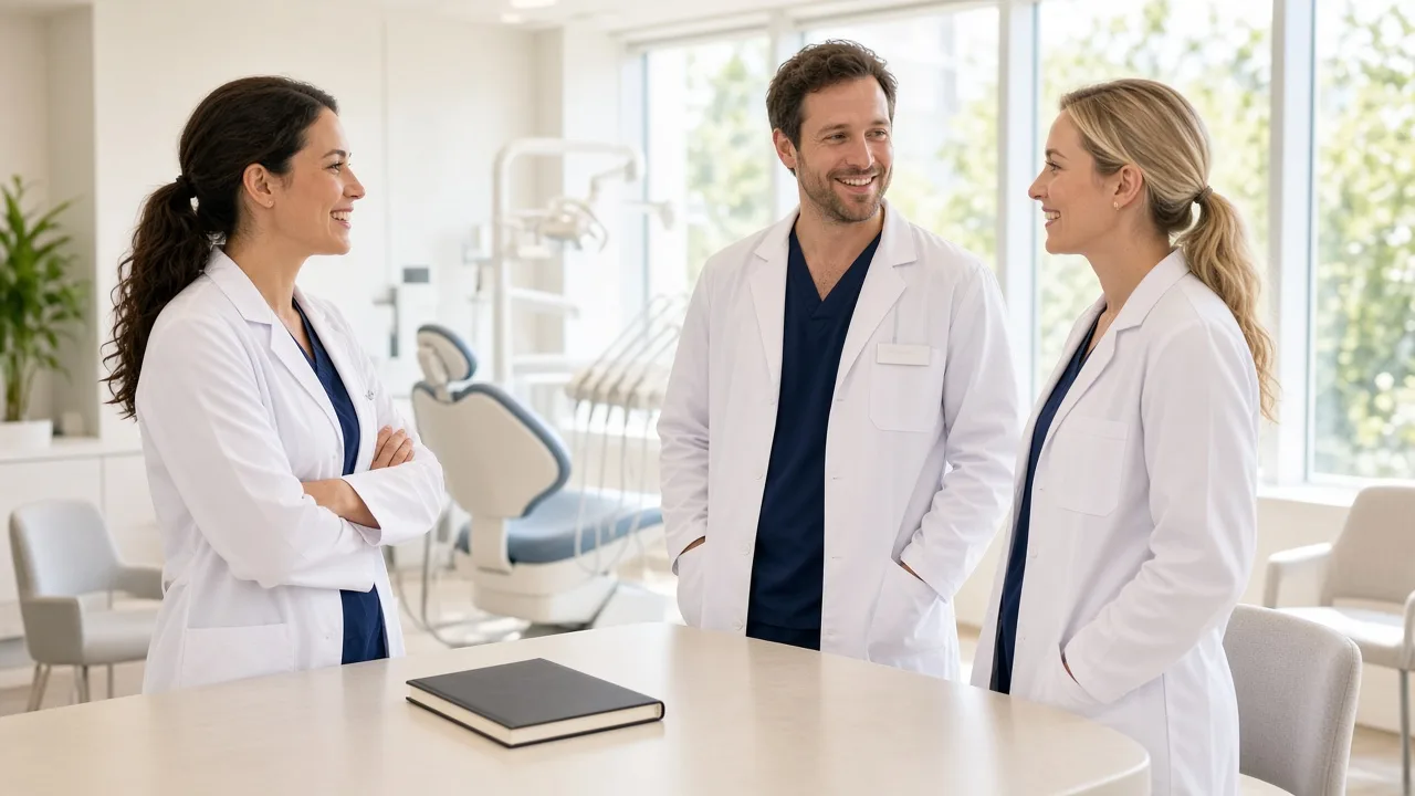 Three dental professionals talk around a table in a sunny clinic lounge.