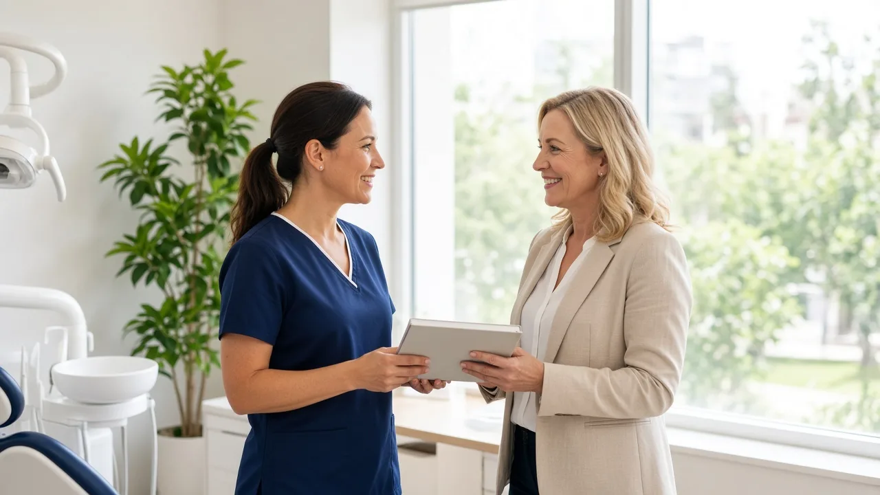A dentist and a clinic manager stand by a sunny window with a closed notebook.