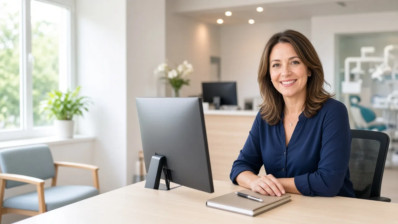 A clinic administrator sits at a light desk with a monitor facing away.