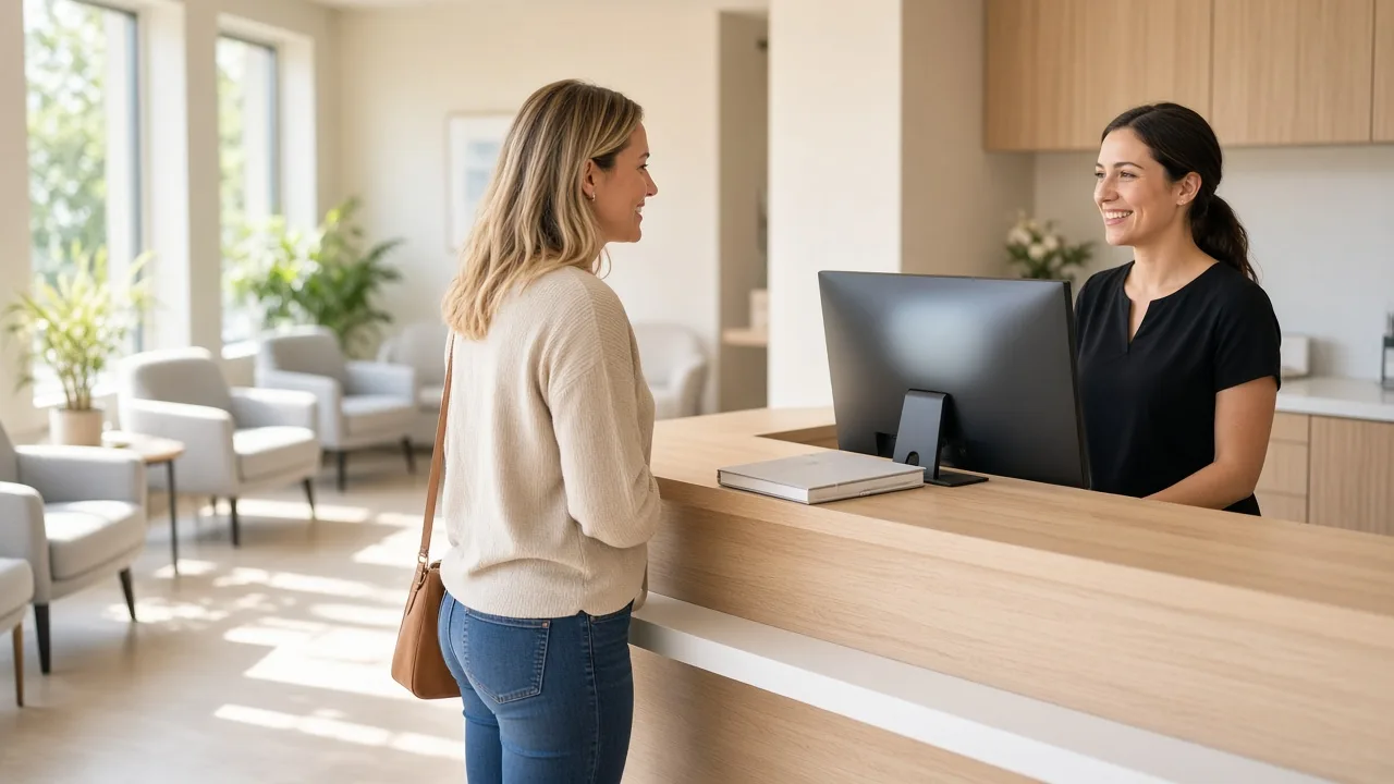 A patient talks with a receptionist at a bright dental clinic desk while a monitor faces away.