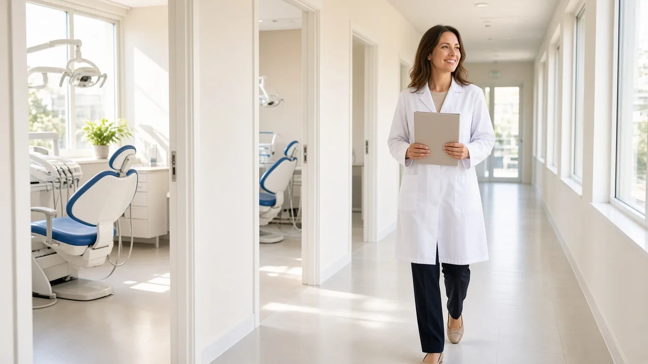 A clinic coordinator walks a sunny dental corridor with a closed folder.