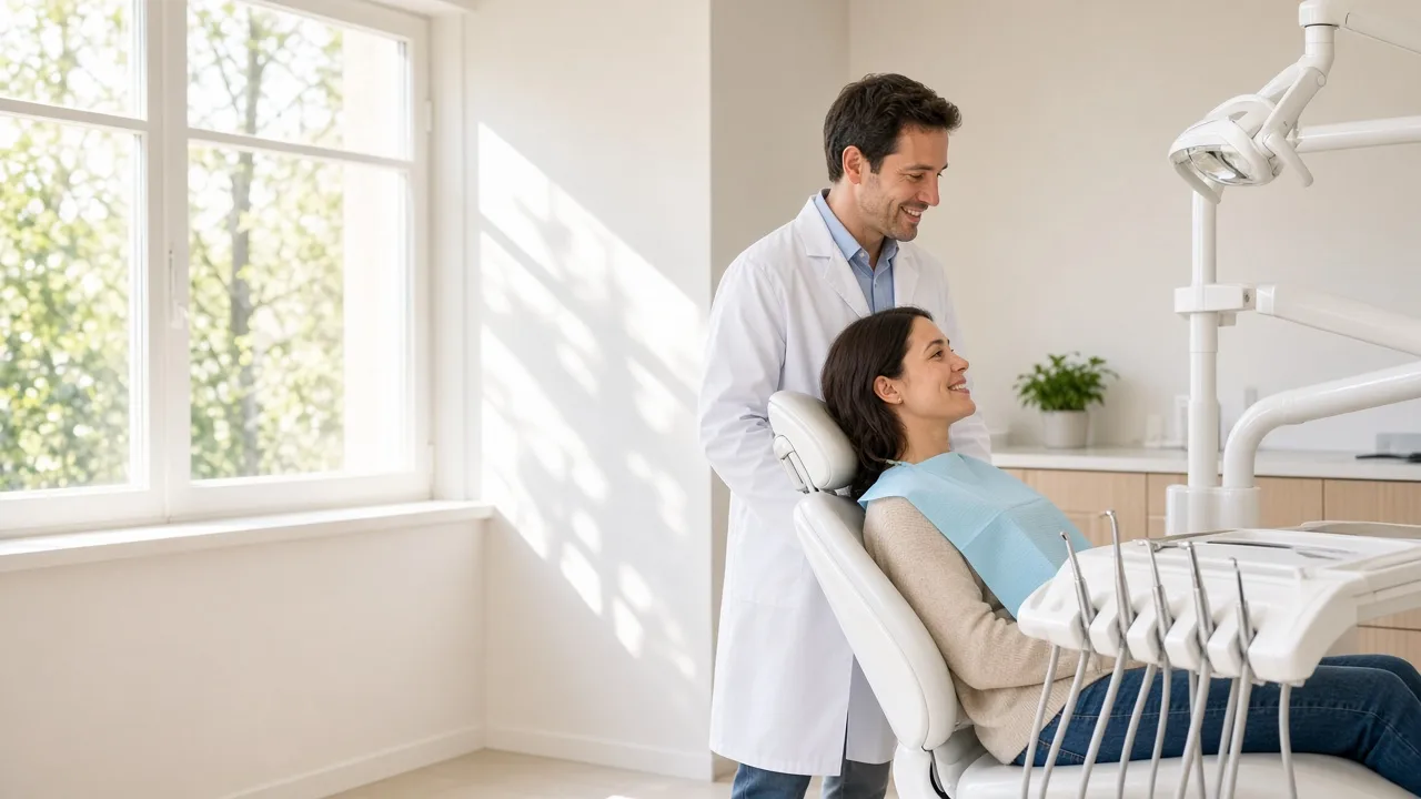 A dentist talks with a patient beside a white dental chair in a sunny clinic.