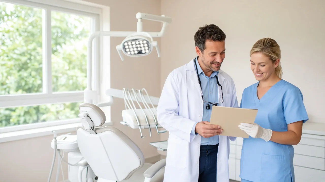 A dentist and a hygienist review a closed folder beside a dental chair.