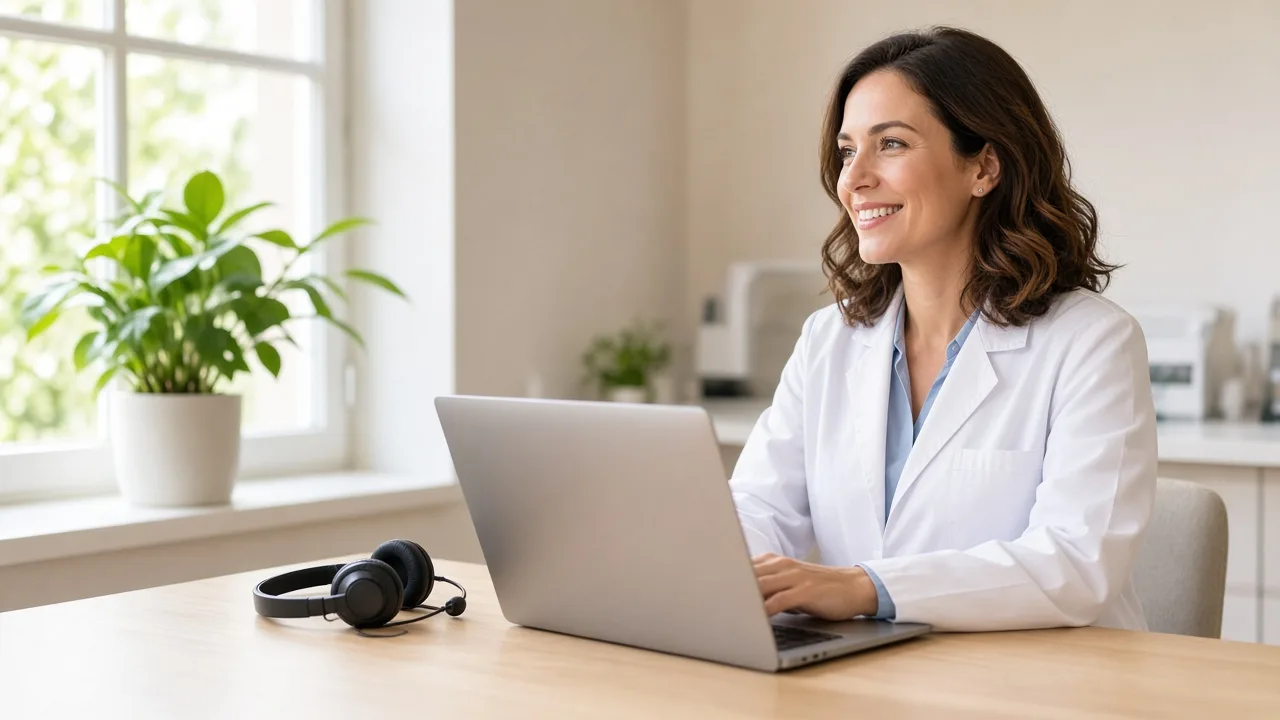 A dentist sits at a sunny desk with a laptop facing away and a headset nearby.
