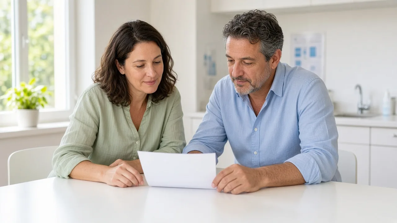 Two adults plan over a blank sheet at a sunny clinic table.