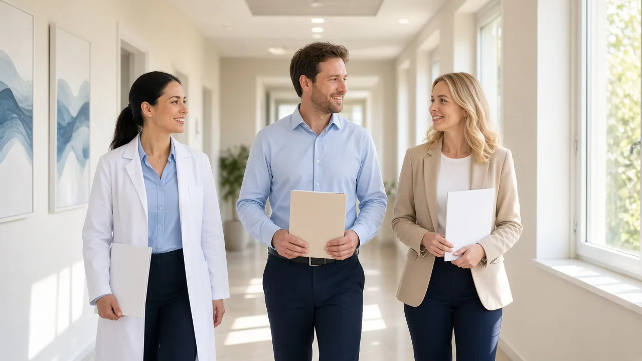 Three colleagues walk a sunny dental corridor with blank folders.