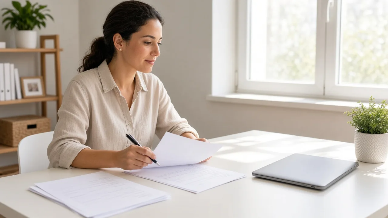 A billing coordinator sits at a sunlit desk with plain invoices and a closed laptop.