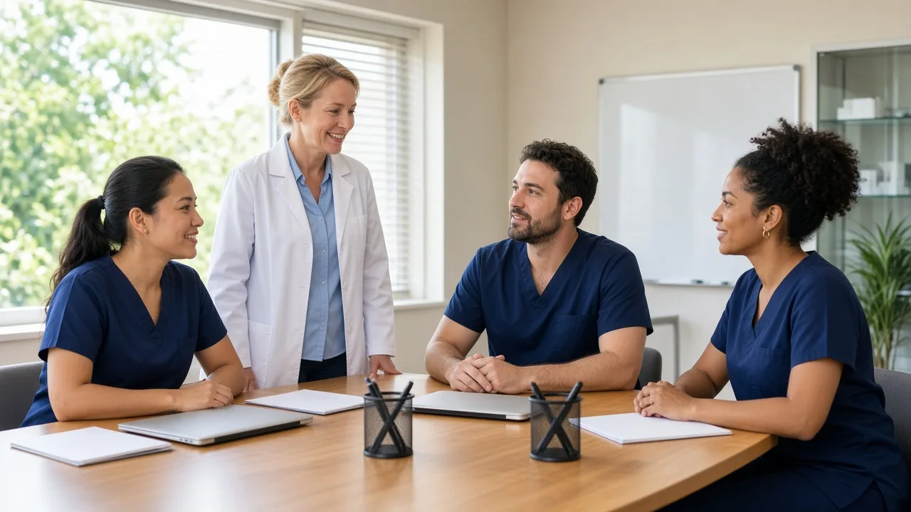 Four dental staff meet in a sunny room with blank folders and closed laptops.
