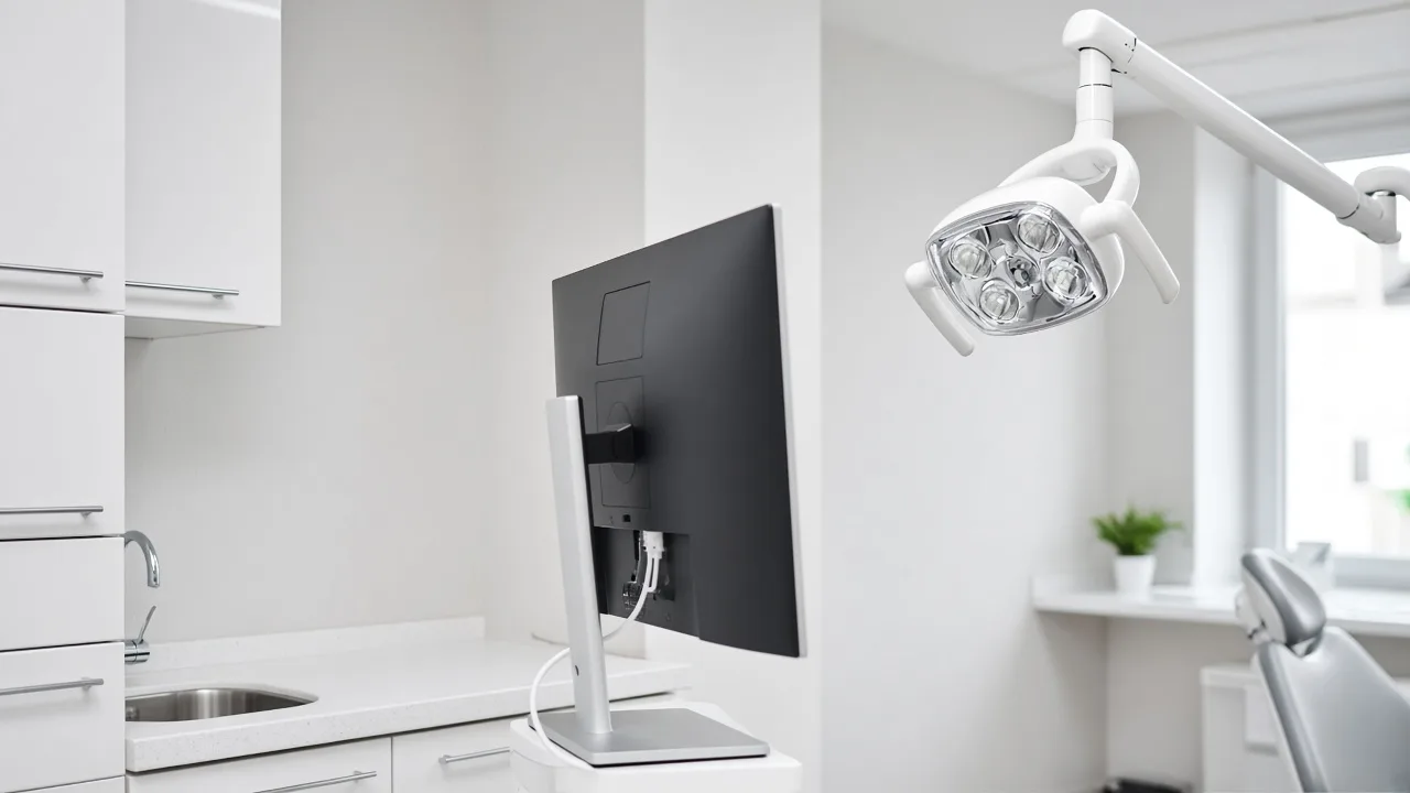 A dental imaging room shows a monitor turned away, a dental light, and a treatment chair.