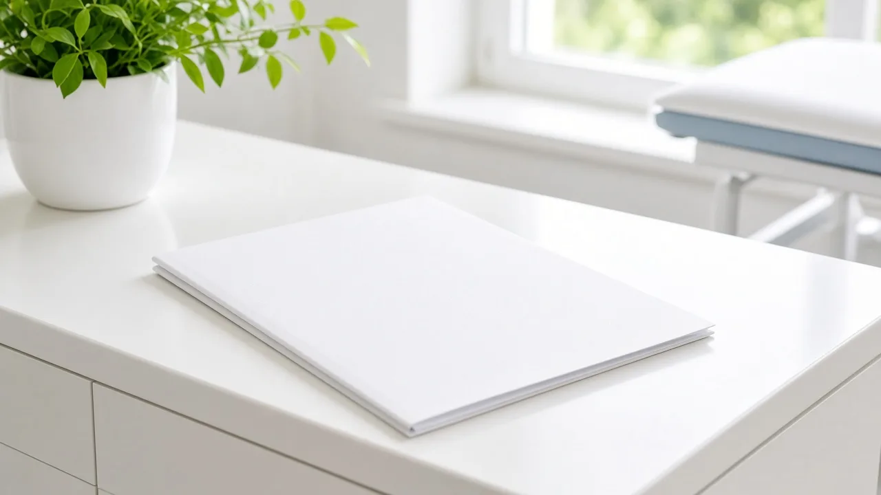 A blank patient folder rests on a white clinic counter beside a plant.