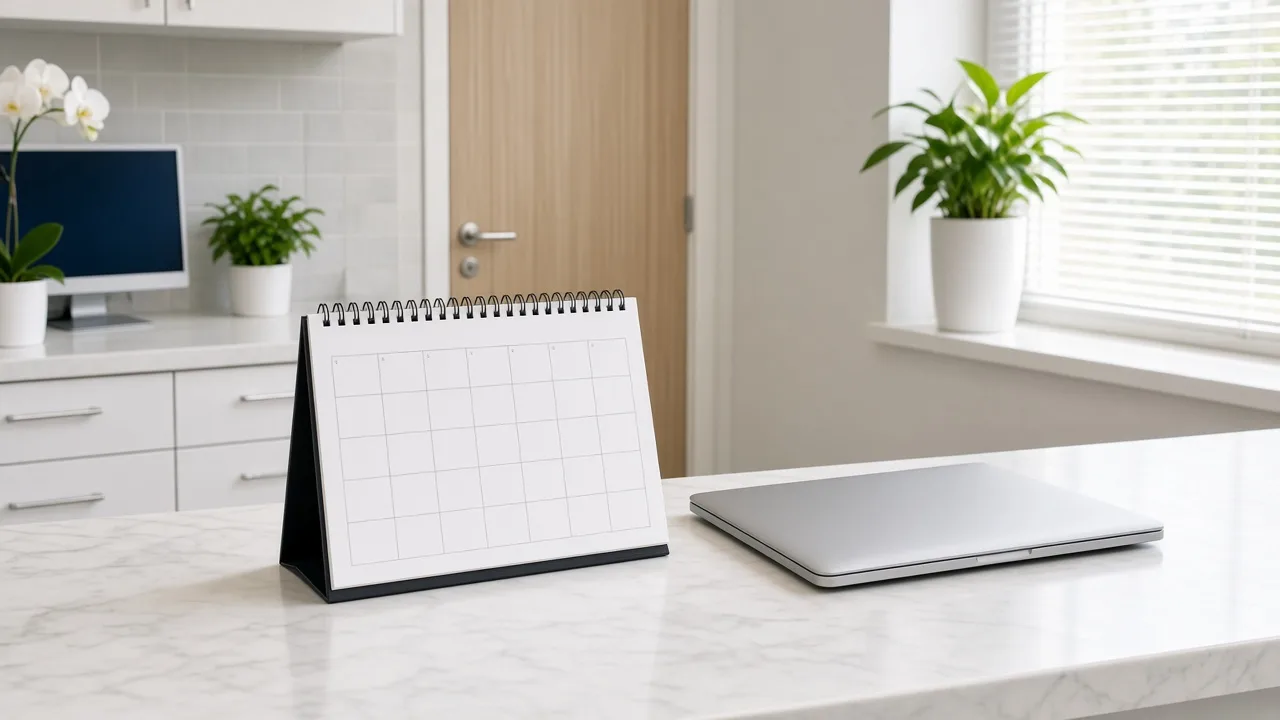 A dental front desk holds a blank paper calendar beside a closed laptop in daylight.
