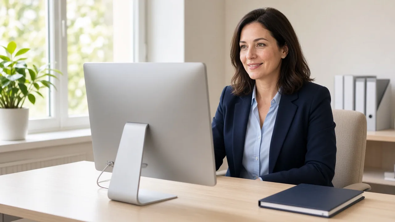 A clinic coordinator sits at a light desk with a monitor facing away and a closed folder nearby.