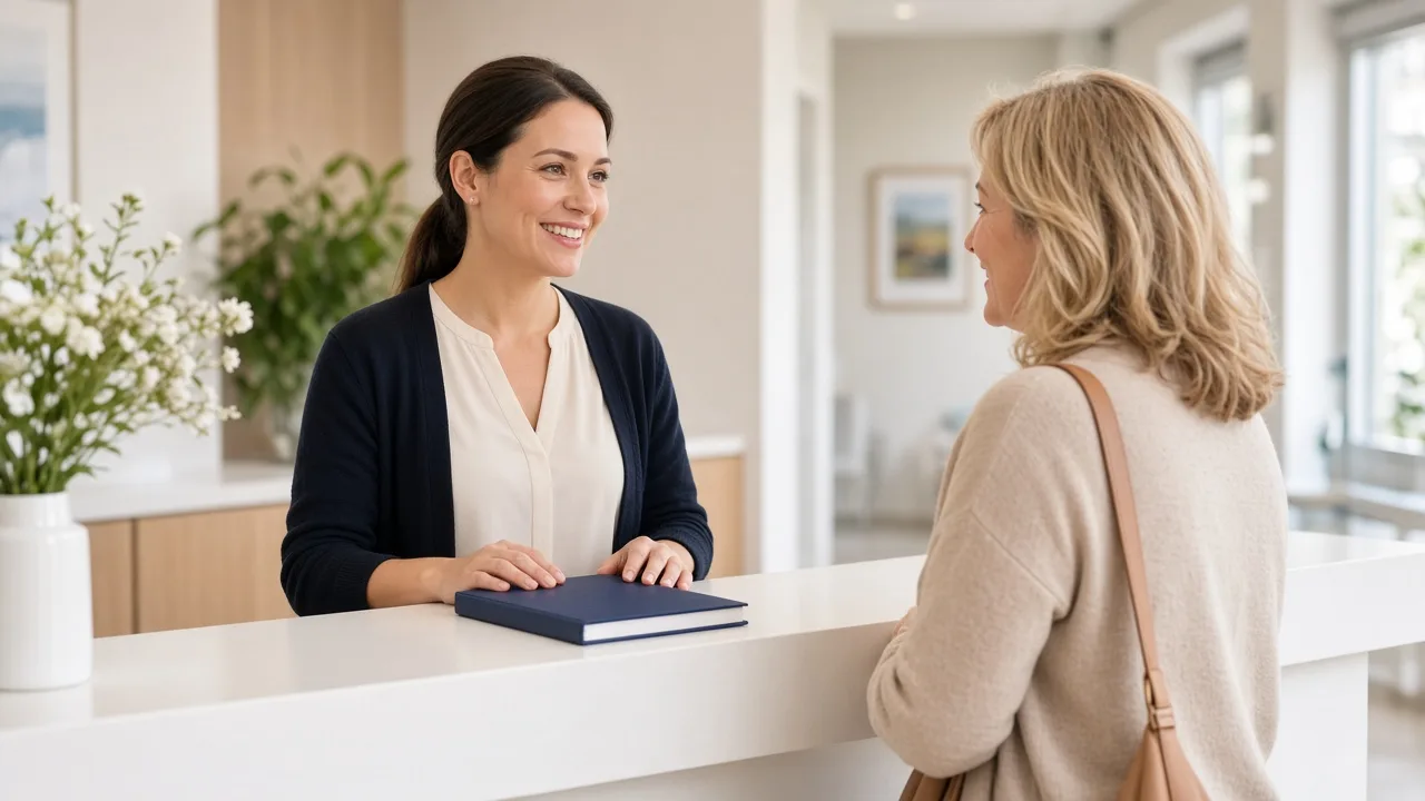 A receptionist greets a patient at a bright clinic desk beside a closed appointment book.