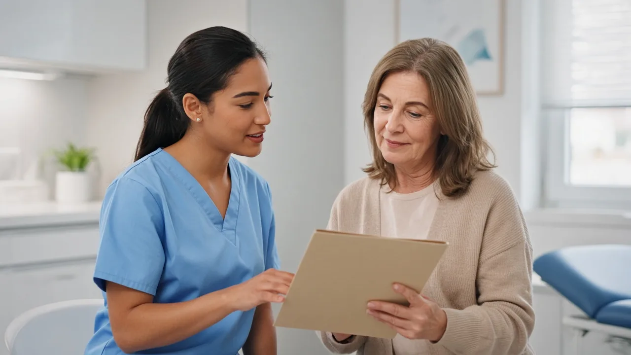 A nurse and a patient review a closed folder in a bright clinic room.