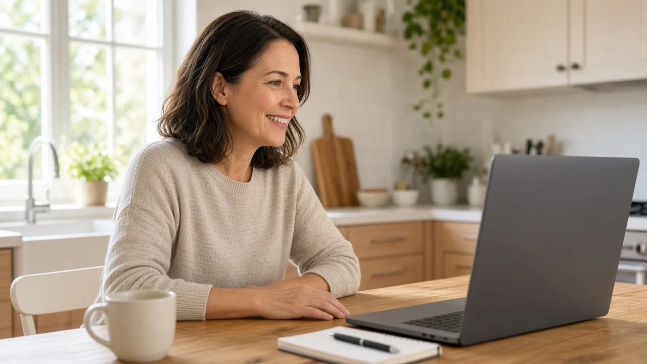 A patient at a sunny kitchen table talks toward a laptop whose screen faces away.