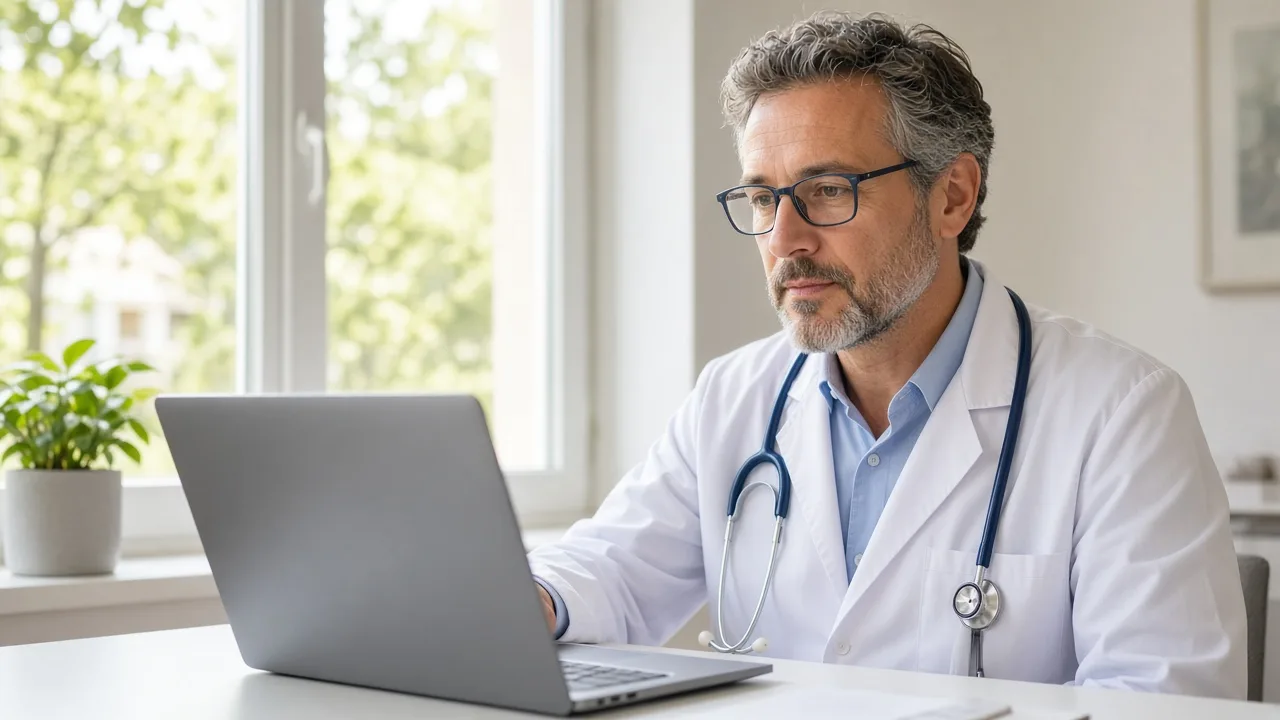 A doctor sits by a sunny window with a laptop screen facing away.