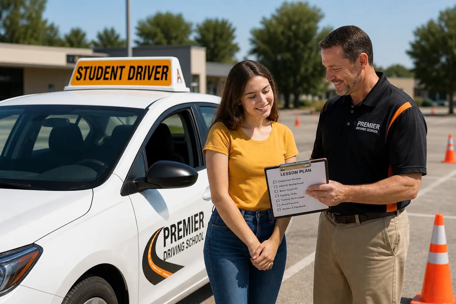 Bright USA driving school lot with student driver car and training cones