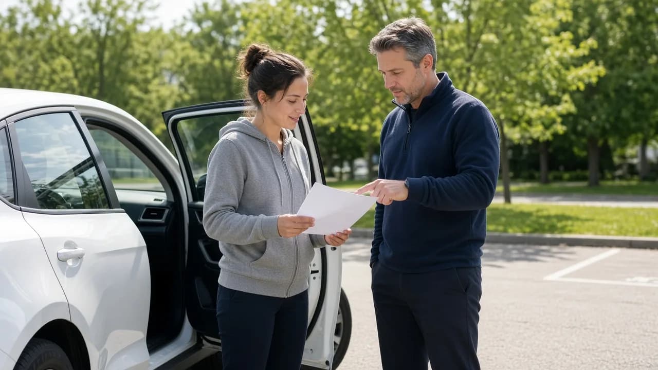 An instructor and a learner review blank papers beside a white car.