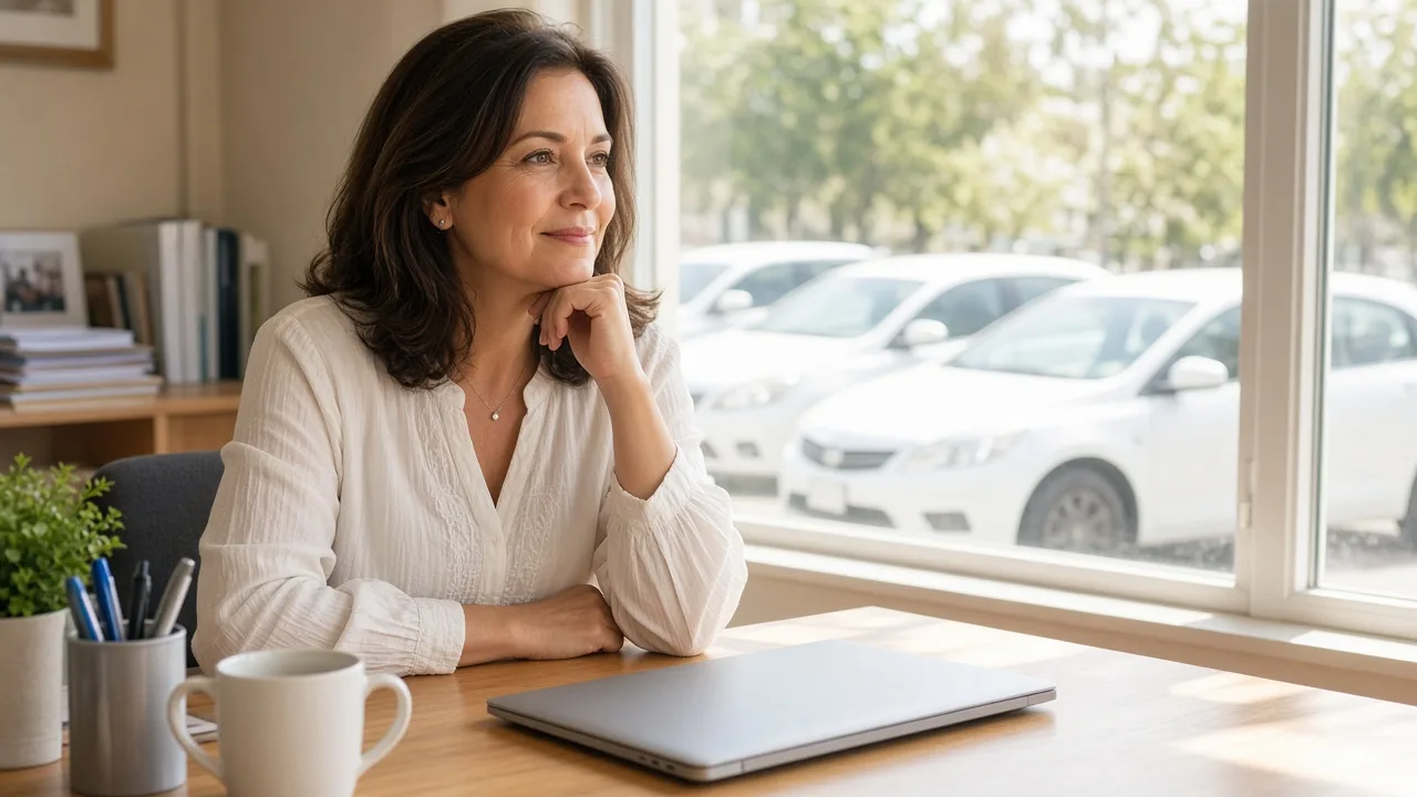 A coordinator sits at a sunlit desk with a closed laptop, and white training cars are visible outside.