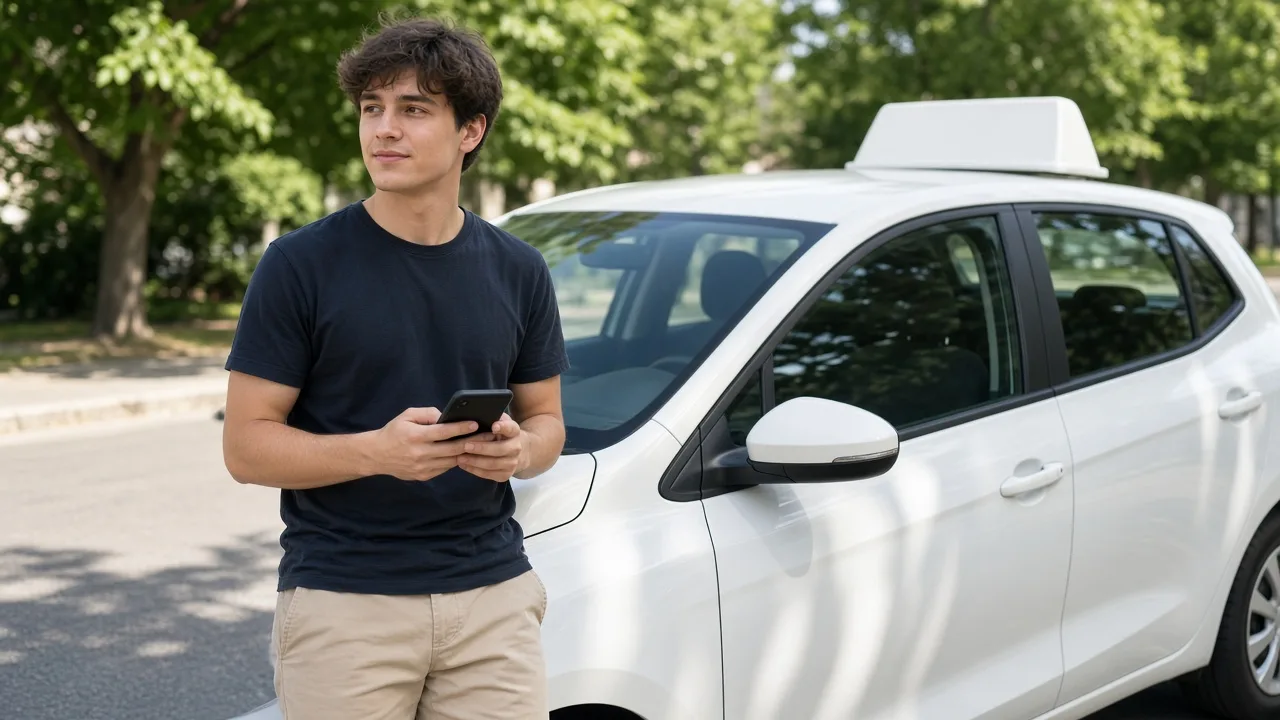 A learner holds a phone with the screen turned away beside a white training car.