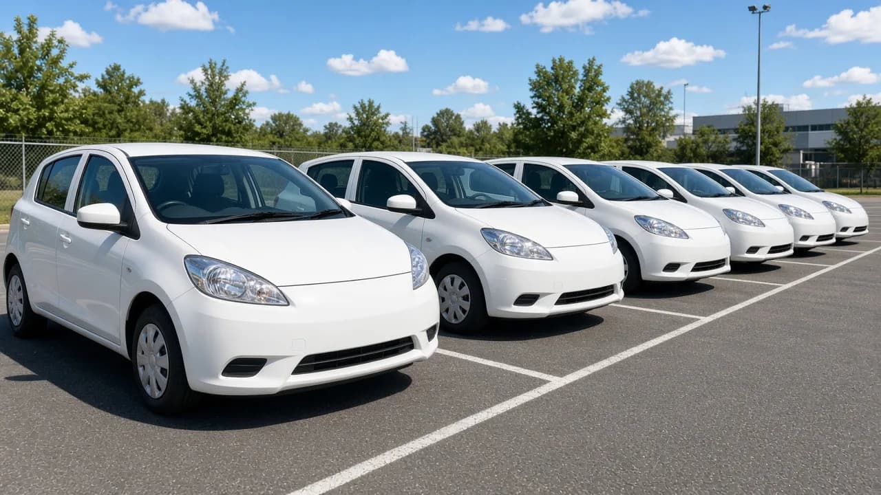 A row of plain white compact cars is parked in a sunny lot.