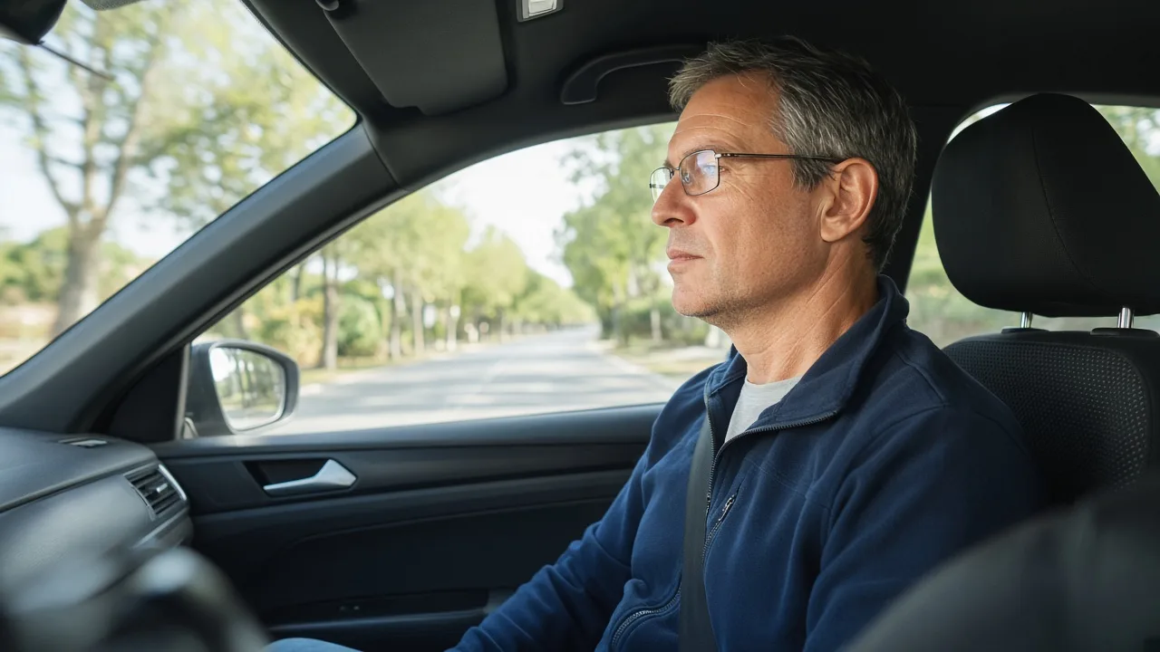 A driving instructor sits in the passenger seat of a sunny training car.