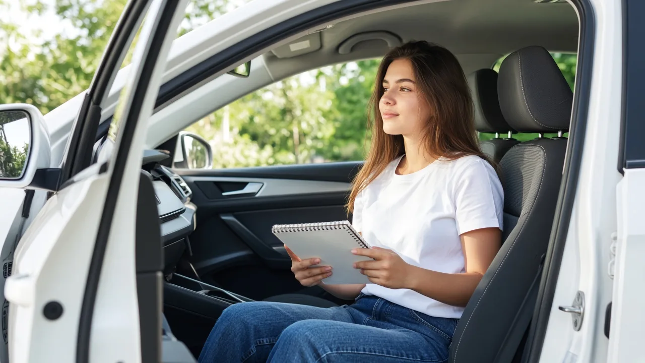 A learner sits in a white car with a blank notebook and the door open.