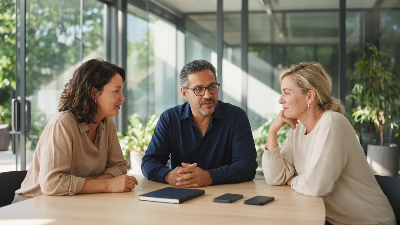 Three educators plan around a closed notebook in a bright meeting room.