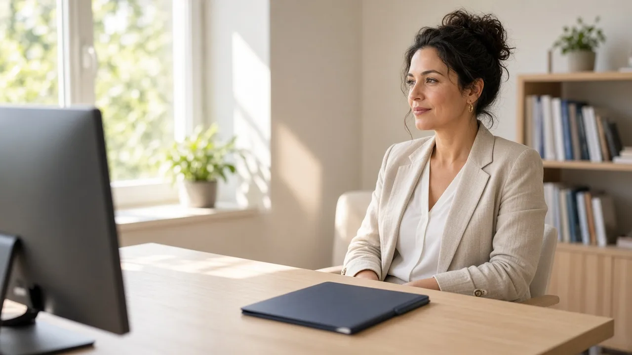 An education coordinator works at a bright desk with a monitor facing away.