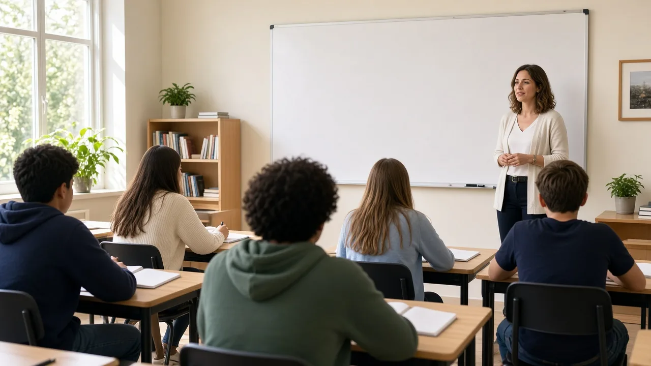 A teacher stands beside a blank whiteboard in a bright classroom.